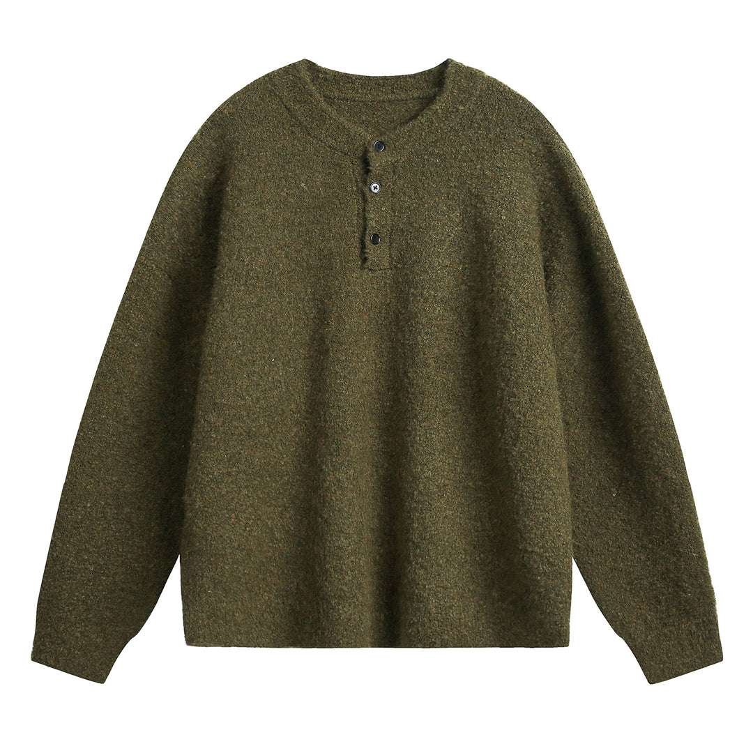 Unisex Grobgestrickter Henley-Pullover mit Rundhalsausschnitt und Knopfleiste Drune