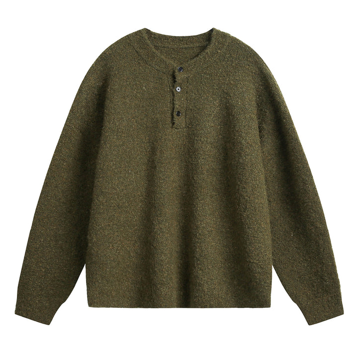 Unisex Grobgestrickter Henley-Pullover mit Rundhalsausschnitt und Knopfleiste Drune