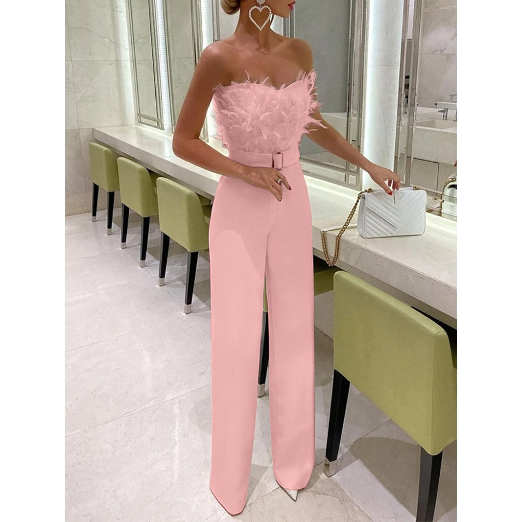 Damen Eleganter Jumpsuit mit Federn und Taillengürtel Drune