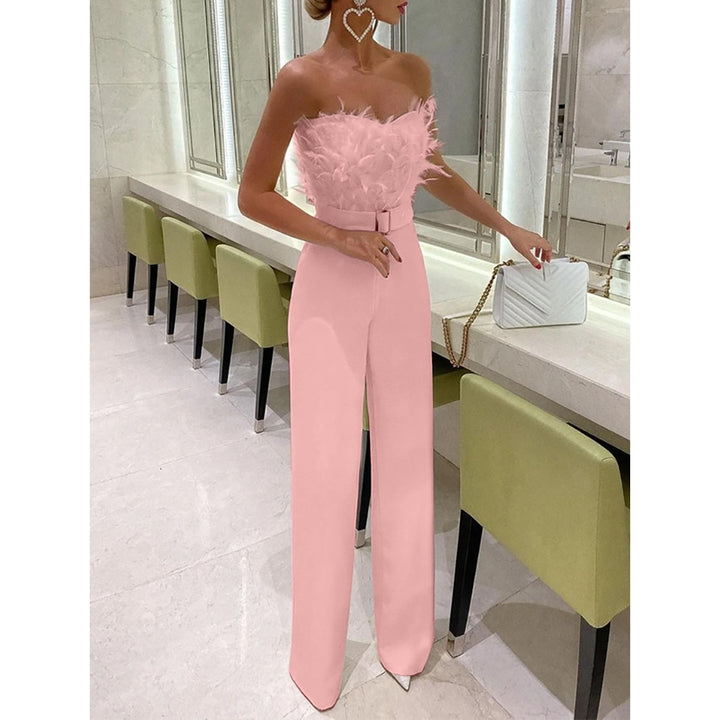 Damen Eleganter Jumpsuit mit Federn und Taillengürtel Drune