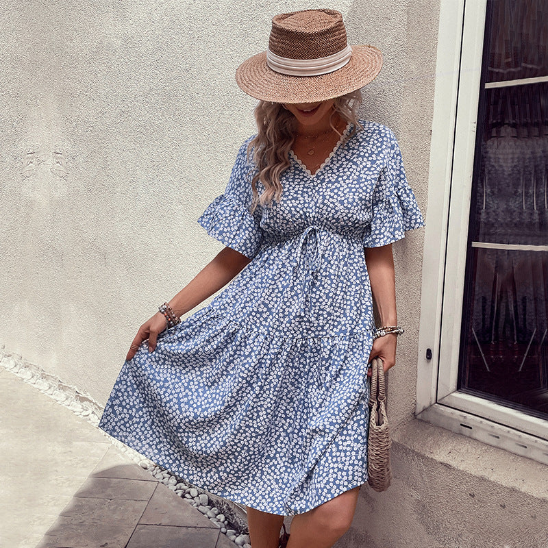 Damen lässiges Sommerkleid mit Taillenknoten und voluminösem Rock Drune