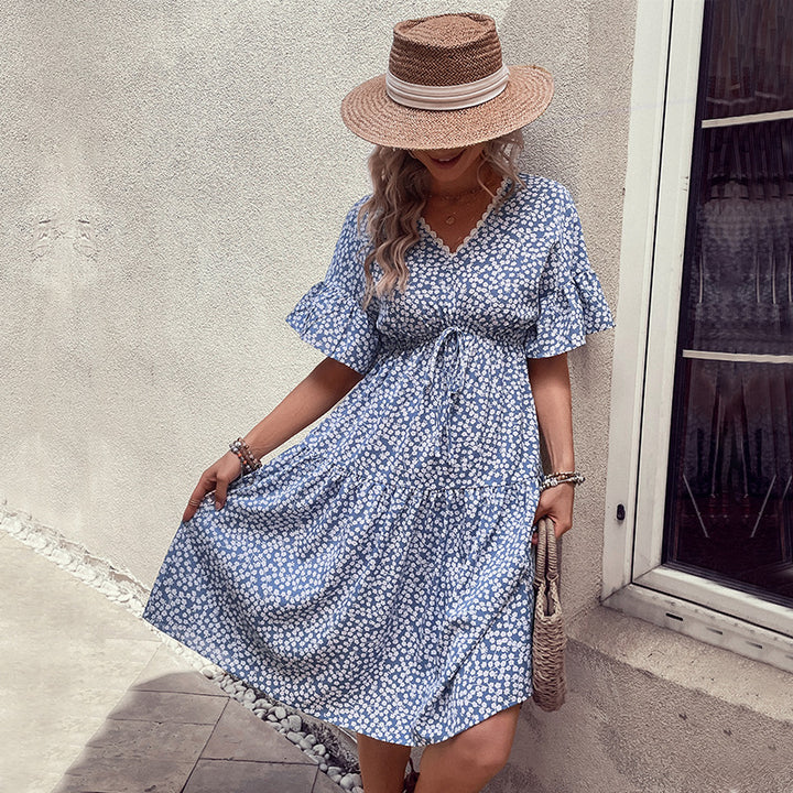 Damen lässiges Sommerkleid mit Taillenknoten und voluminösem Rock Drune