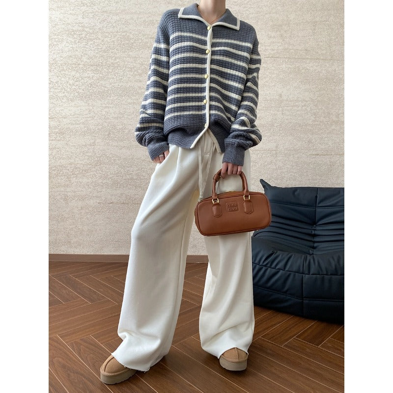 Damen gestreifte Strickjacke mit Druckknopfverschluss und lässiger Passform Drune
