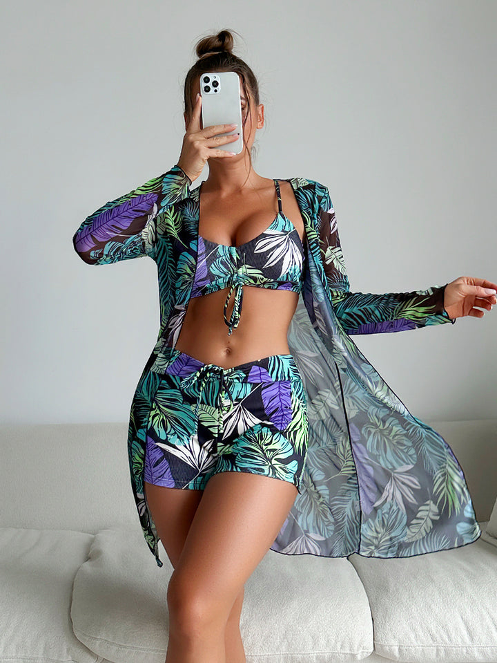 Damen Bikiniset mit luftiger Wickeljacke und floralem Muster Drune