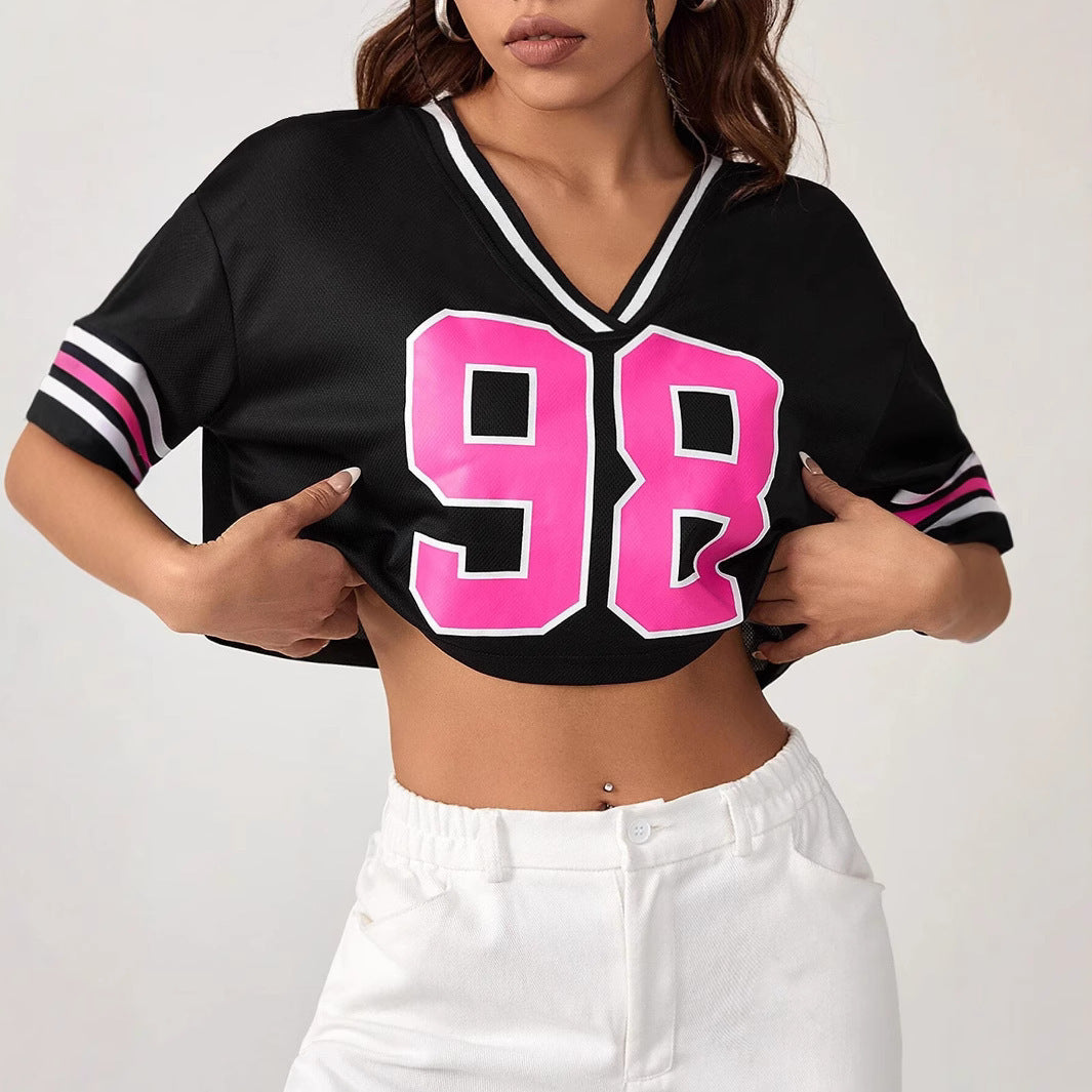 Damen Crop-Top mit sportivem V-Ausschnitt und grafischem Druck Drune