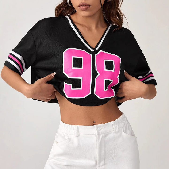 Damen Crop-Top mit sportivem V-Ausschnitt und grafischem Druck Drune