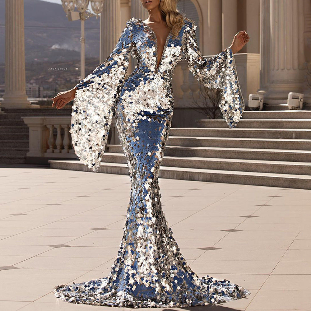Damen Glamouröses Pailletten Abendkleid mit tiefem V-Ausschnitt und langen Ärmeln Drune