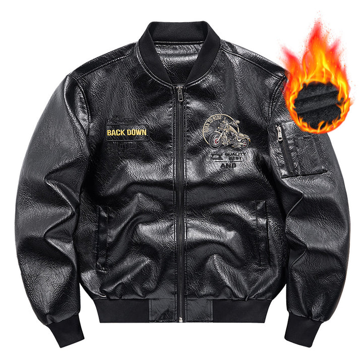 Herren Biker Lederimitat Bomberjacke mit Stickpatches und Ärmeltasche Drune
