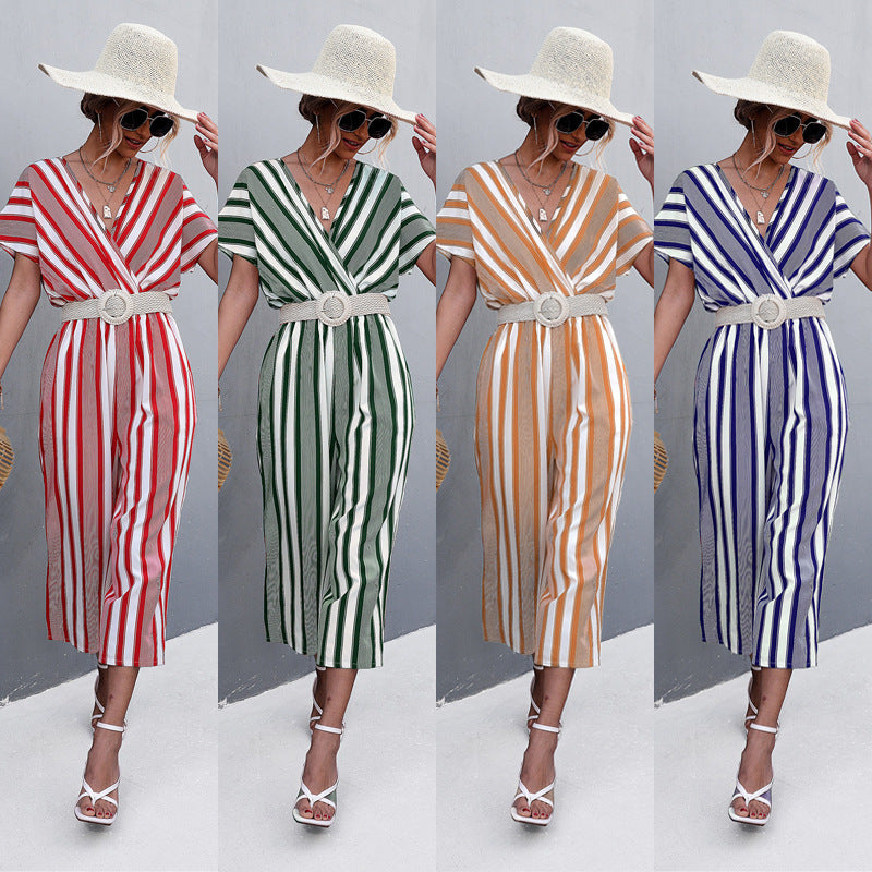 Damen eleganter Jumpsuit mit V-Ausschnitt, breiten Ärmeln und anisstreifendem Design Drune