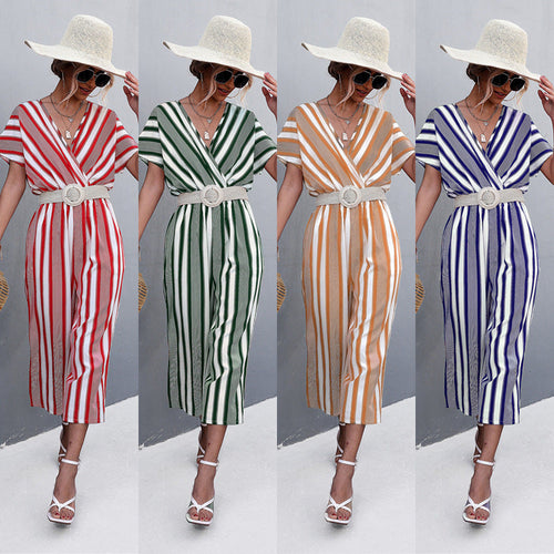 Damen eleganter Jumpsuit mit V-Ausschnitt, breiten Ärmeln und anisstreifendem Design Drune