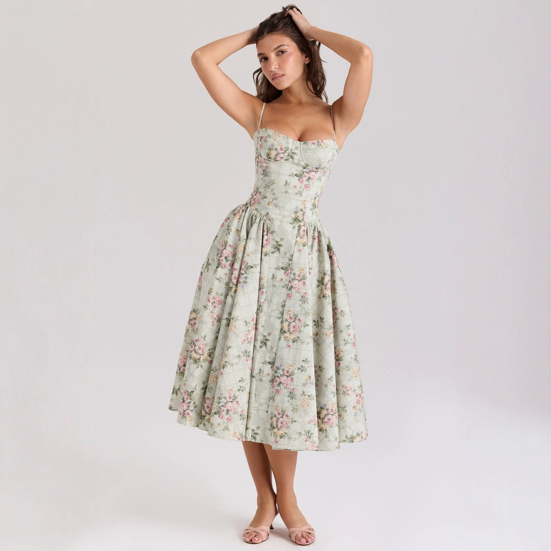 Damen Midikleid mit verstellbaren Spaghetti-Trägern und floralem Muster Drune