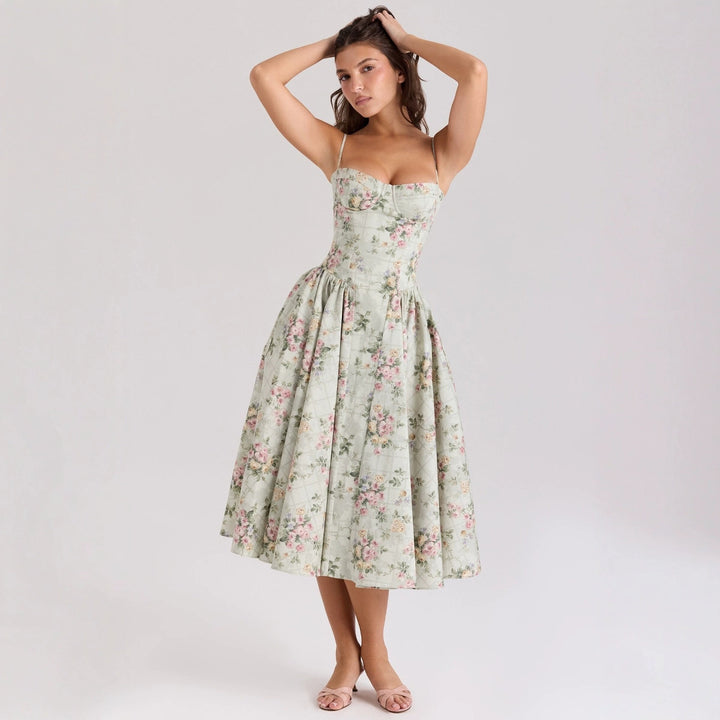 Damen Midikleid mit verstellbaren Spaghetti-Trägern und floralem Muster Drune