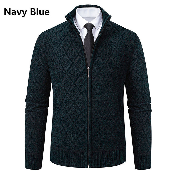 Herren Strickzipjacke mit Rautenmuster, Stehkragen und durchgehendem Reißverschluss Drune