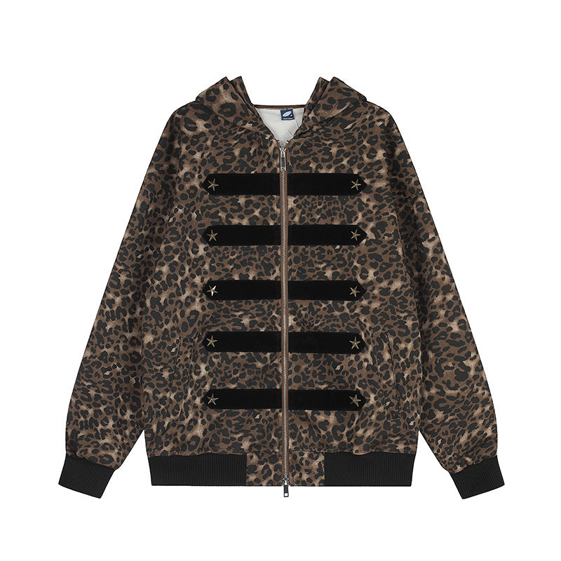 Damen Kapuzen-Sweatjacke mit Leopardenmuster, Veloursleisten und Sternnieten Drune