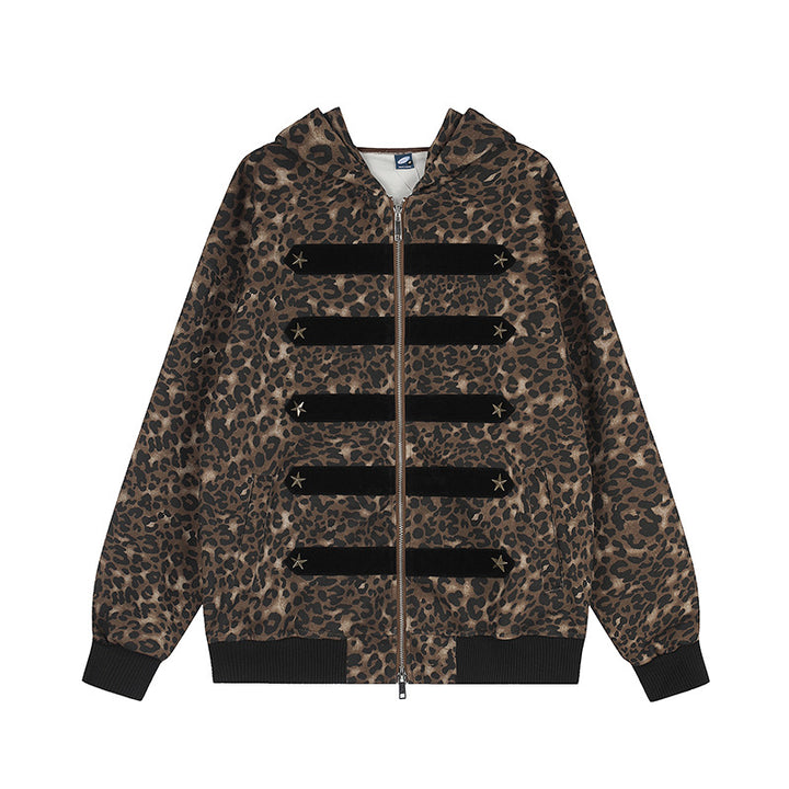 Damen Kapuzen-Sweatjacke mit Leopardenmuster, Veloursleisten und Sternnieten Drune