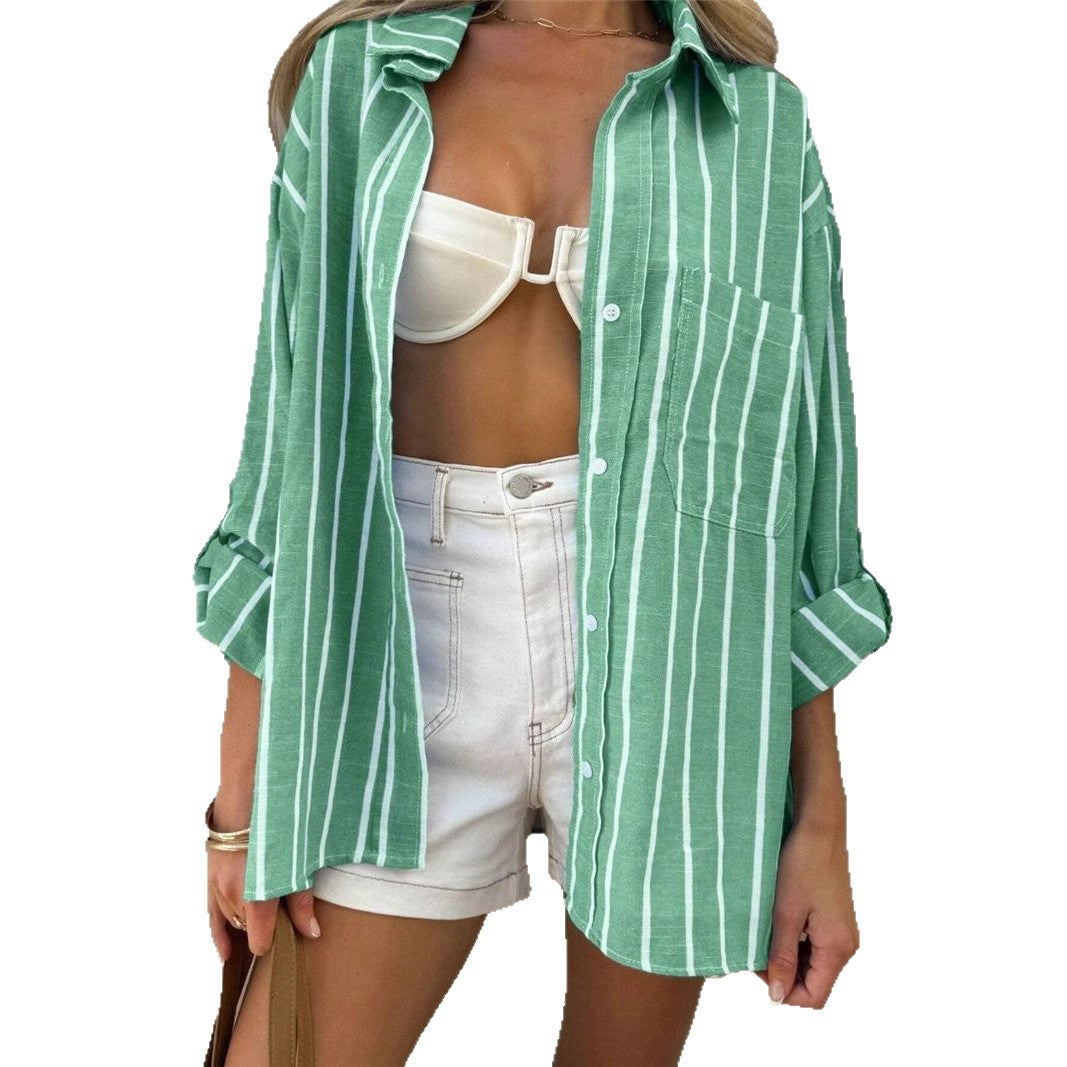 Damen lässige Strickbluse mit modischem Streifenlook und Brusttasche Drune