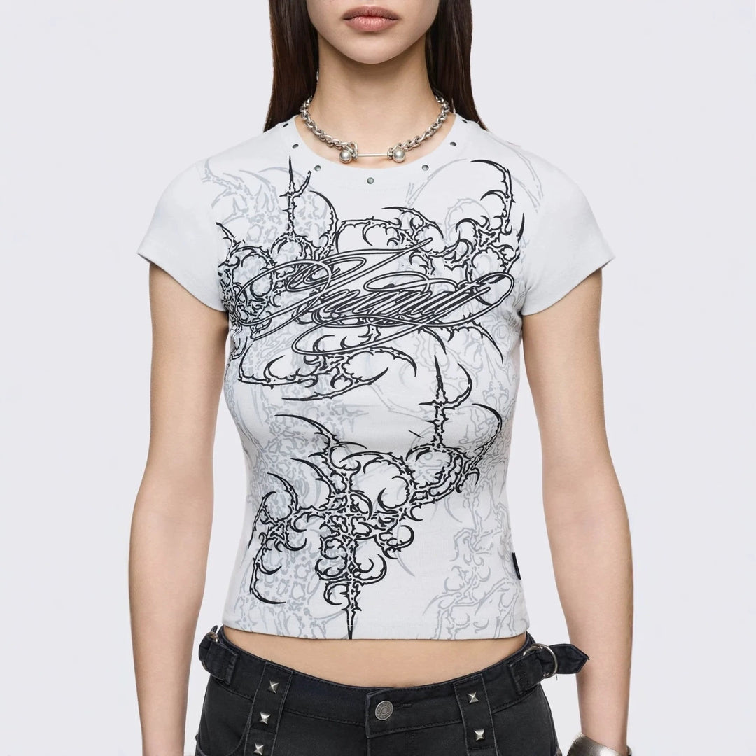 Damen Figurbetontes Kurzarm-T-Shirt mit Grafischem Design Drune
