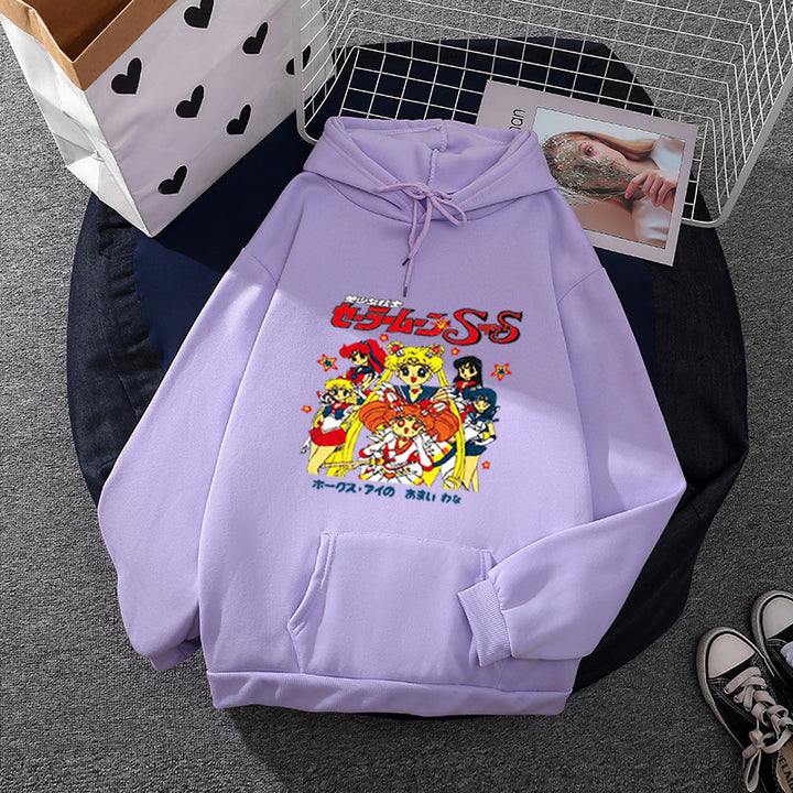 Damen nan Oversize-Kapuzenpullover mit gerautem Fleecefutter, Retro‑Anime‑Print und Kängurutasche Drune