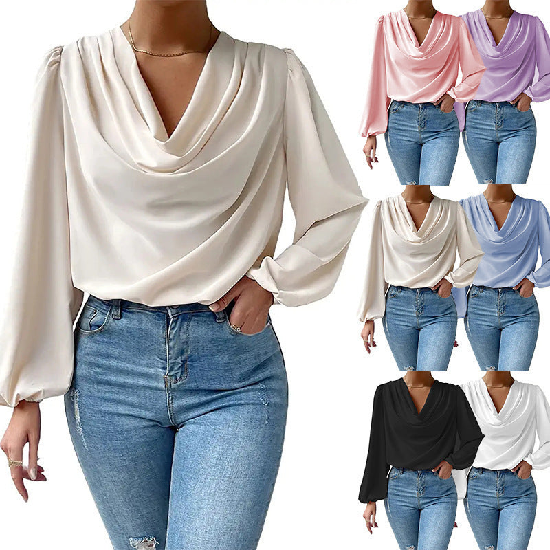 Damen elegante Bluse mit asymmetrischem Halsansatz und langen Ärmeln Drune