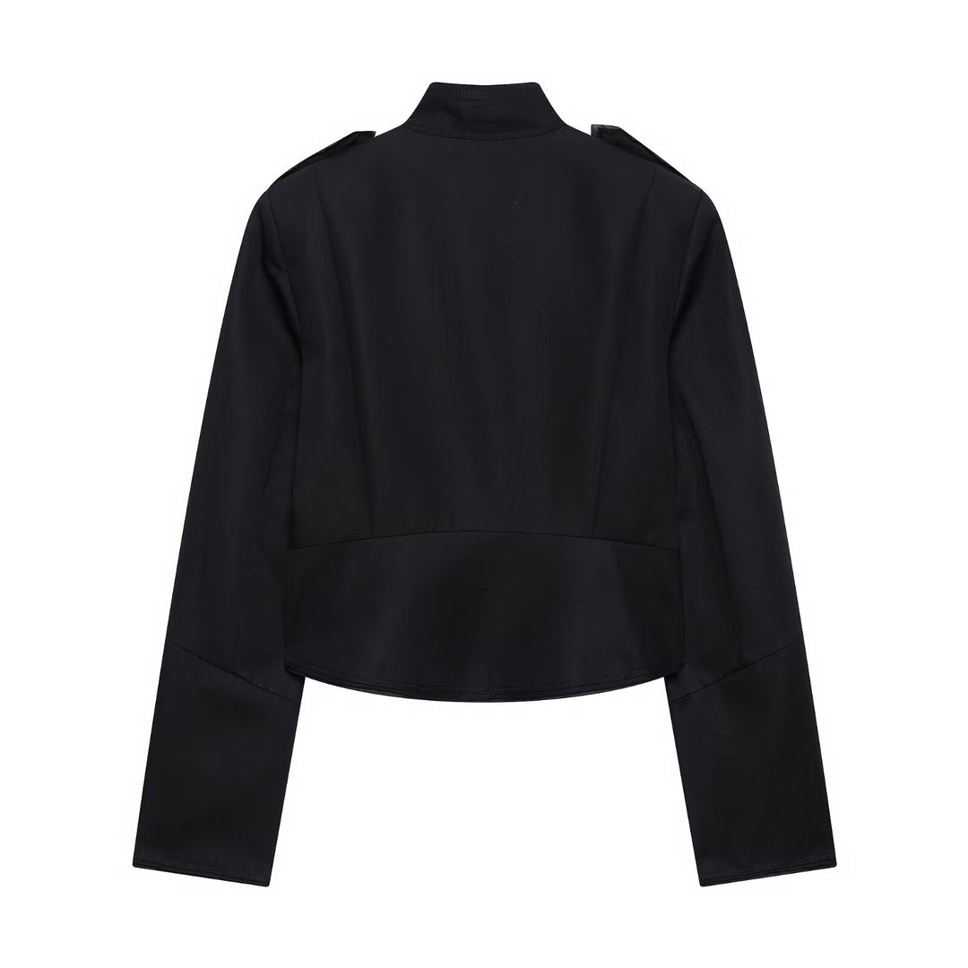 Damen Kurzgeschnittene militärisch inspirierte Jacke mit Stehkragen, Zierpatten und Metallknöpfen Drune