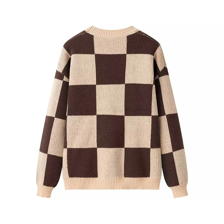 Damen nan oversized Strickpullover mit Schachbrettmuster, geripptem Saum und Rundhalsausschnitt Drune