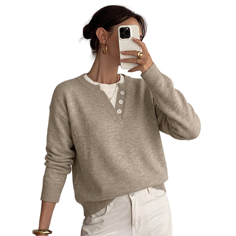 Damen Gemütlicher Pullover mit Knopfdetails Drune