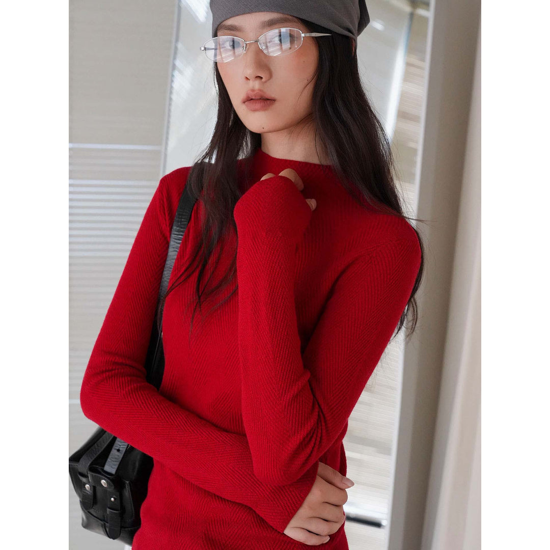 Damen Feiner Rippstrick-Pullover mit Stehkragen und Daumenlöchern Drune