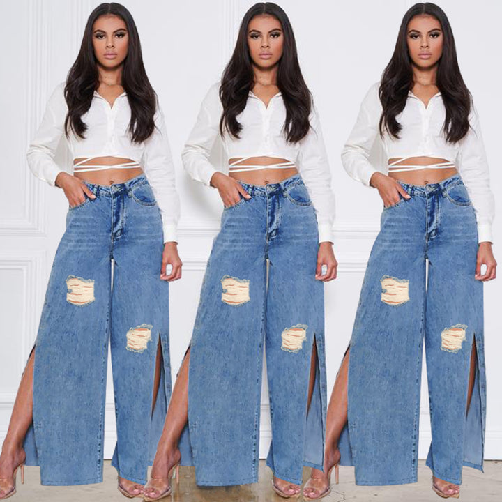 Damen hochgeschnittene Jeans mit weitem Bein, Knie-Rissen und seitlichen Beinschlitzen Drune