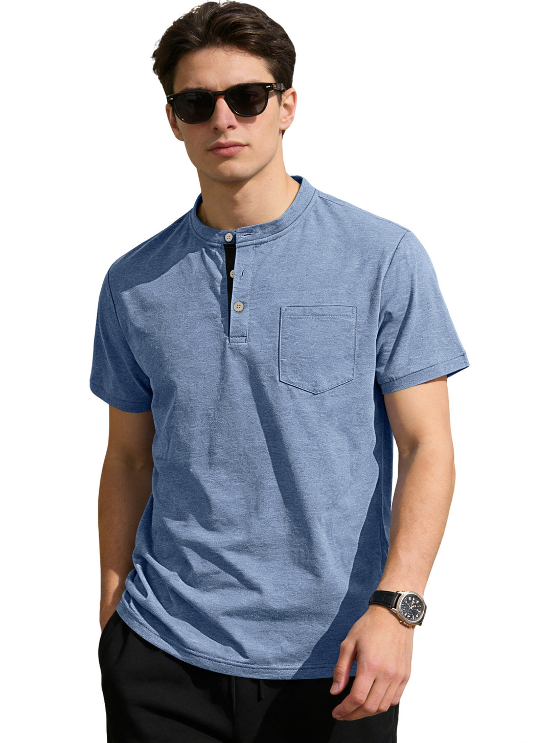 Herren nan strukturiertes Baumwoll-Henleyshirt mit kurzem Stehkragen Knopfleiste und Brusttasche Drune