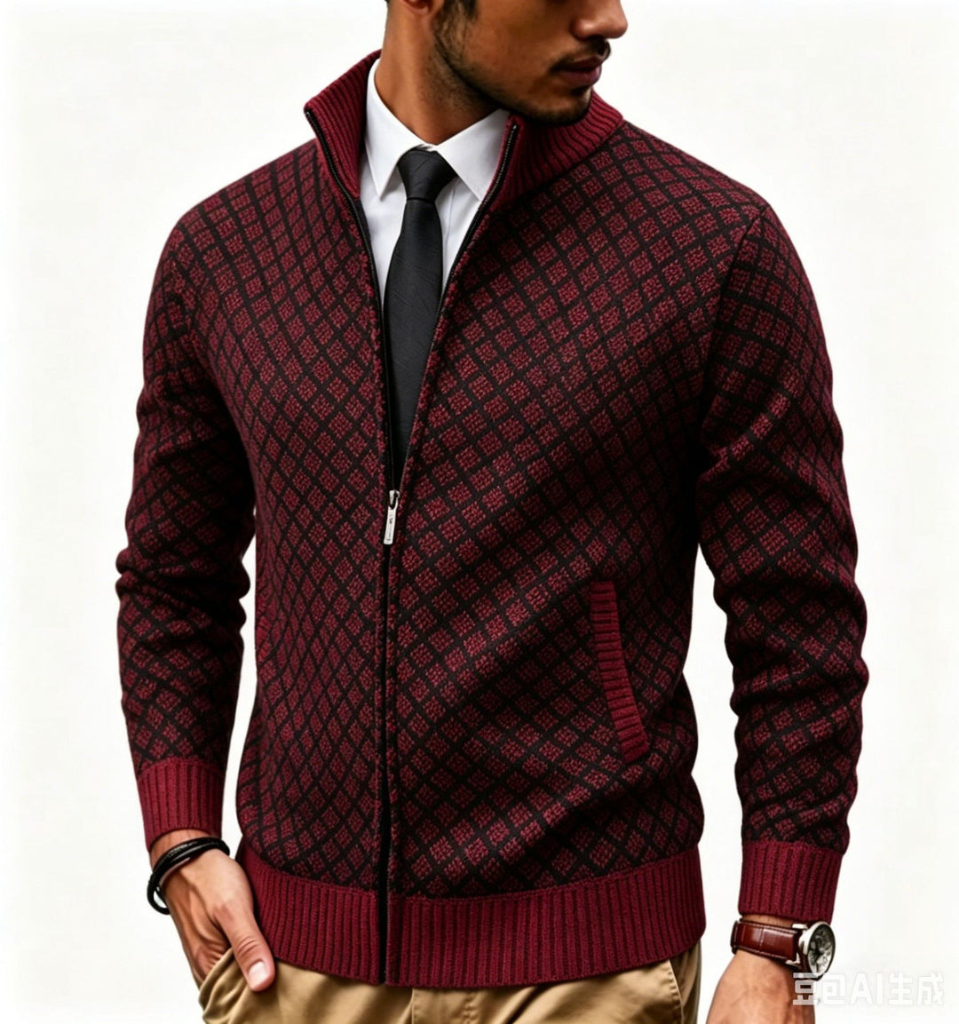 Herren Strukturierte Strickjacke mit Stehkragen und Diamant-Jacquard Drune