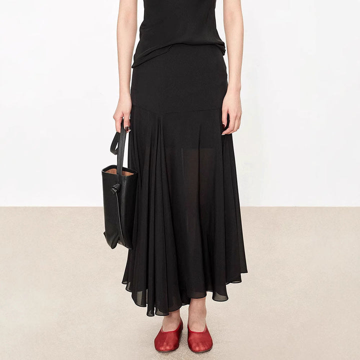 Satinrock Schwarz Damen Maxi leicht und schwingend