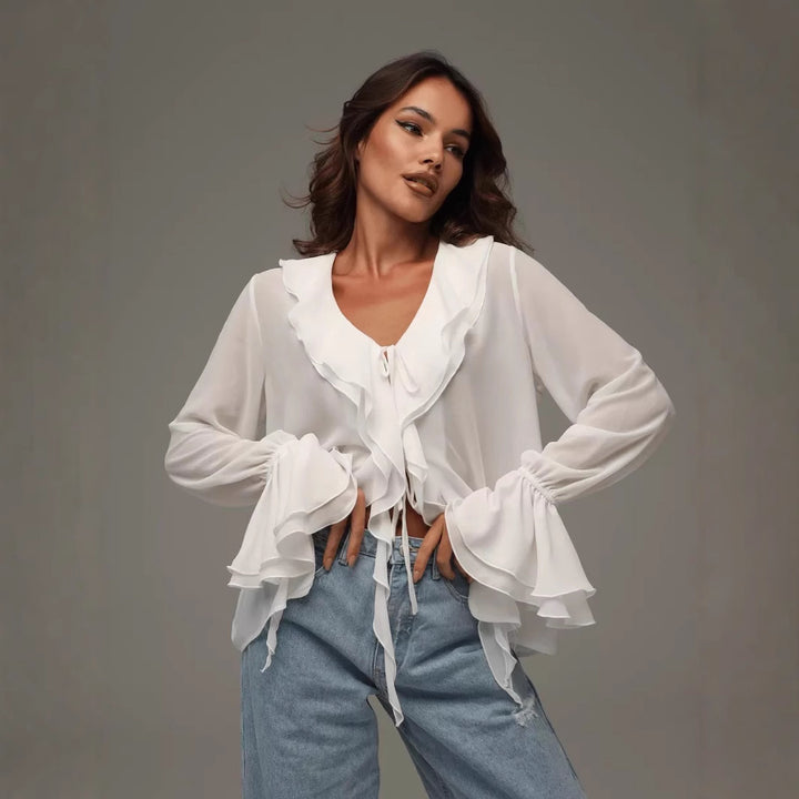 Damen leichtes Chiffon-Blusenshirt mit Rüschen und Kordelzug Drune