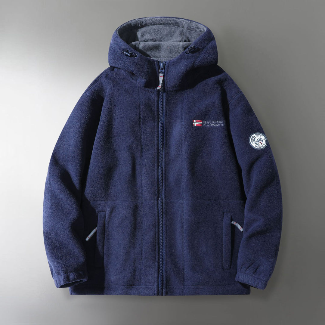 Herren Microfleece-Outdoorjacke mit Kapuze, windabweisender Struktur und Logo-Patch Drune