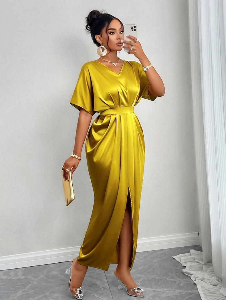 Damen Midikleid mit elegantem V-Ausschnitt und seitlichem Schlitz Drune