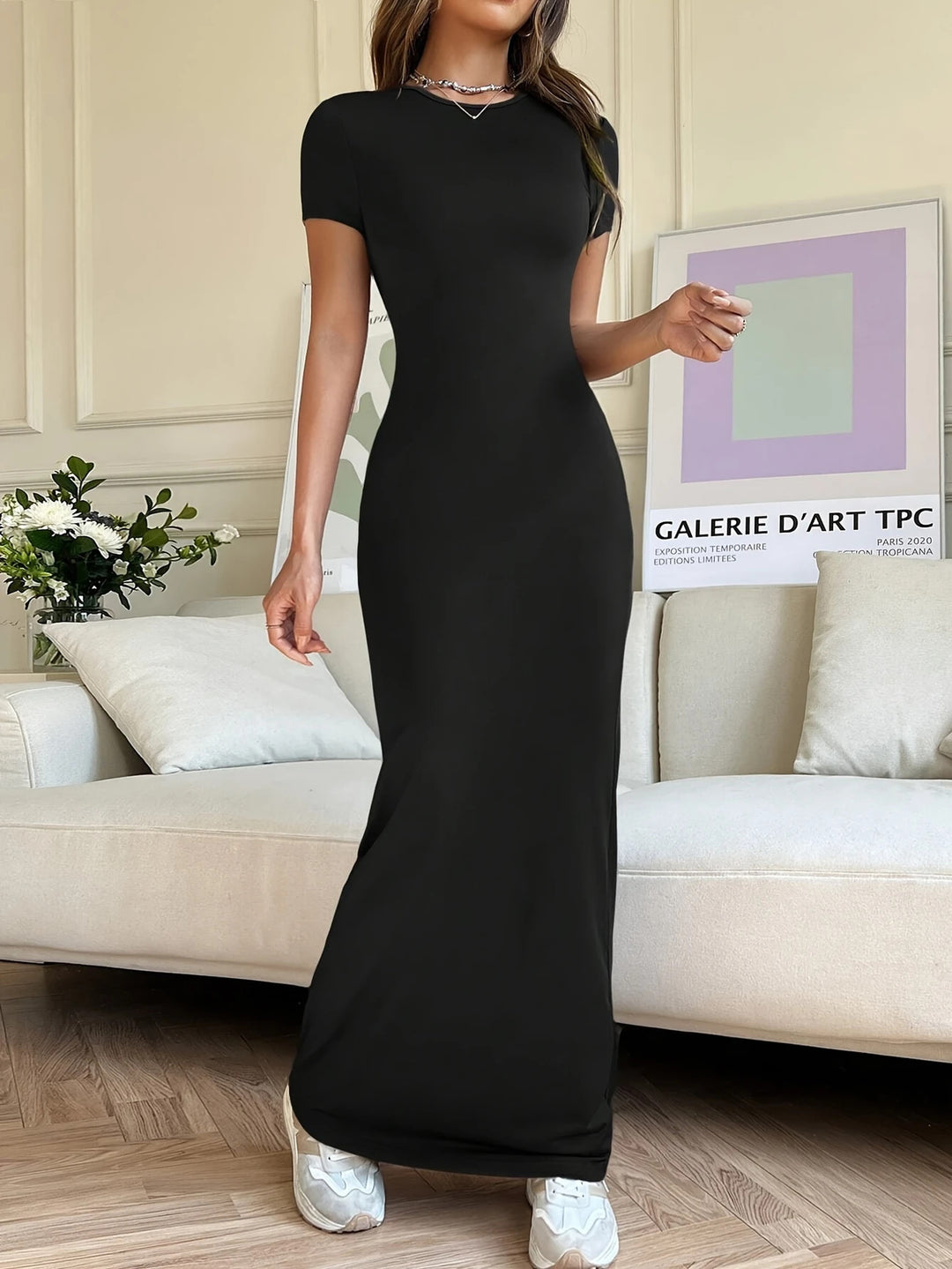 Damen Figurbetontes Maxikleid mit V-Ausschnitt Drune