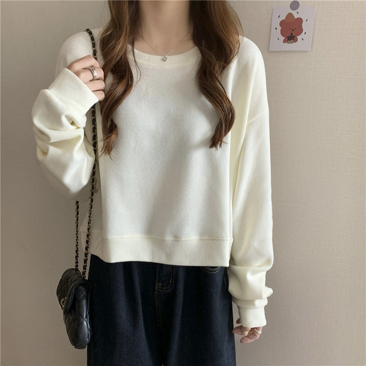 Damen lässiger cropped Pullover aus weichem Baumwollmix mit modischem Rundhalsausschnitt Drune