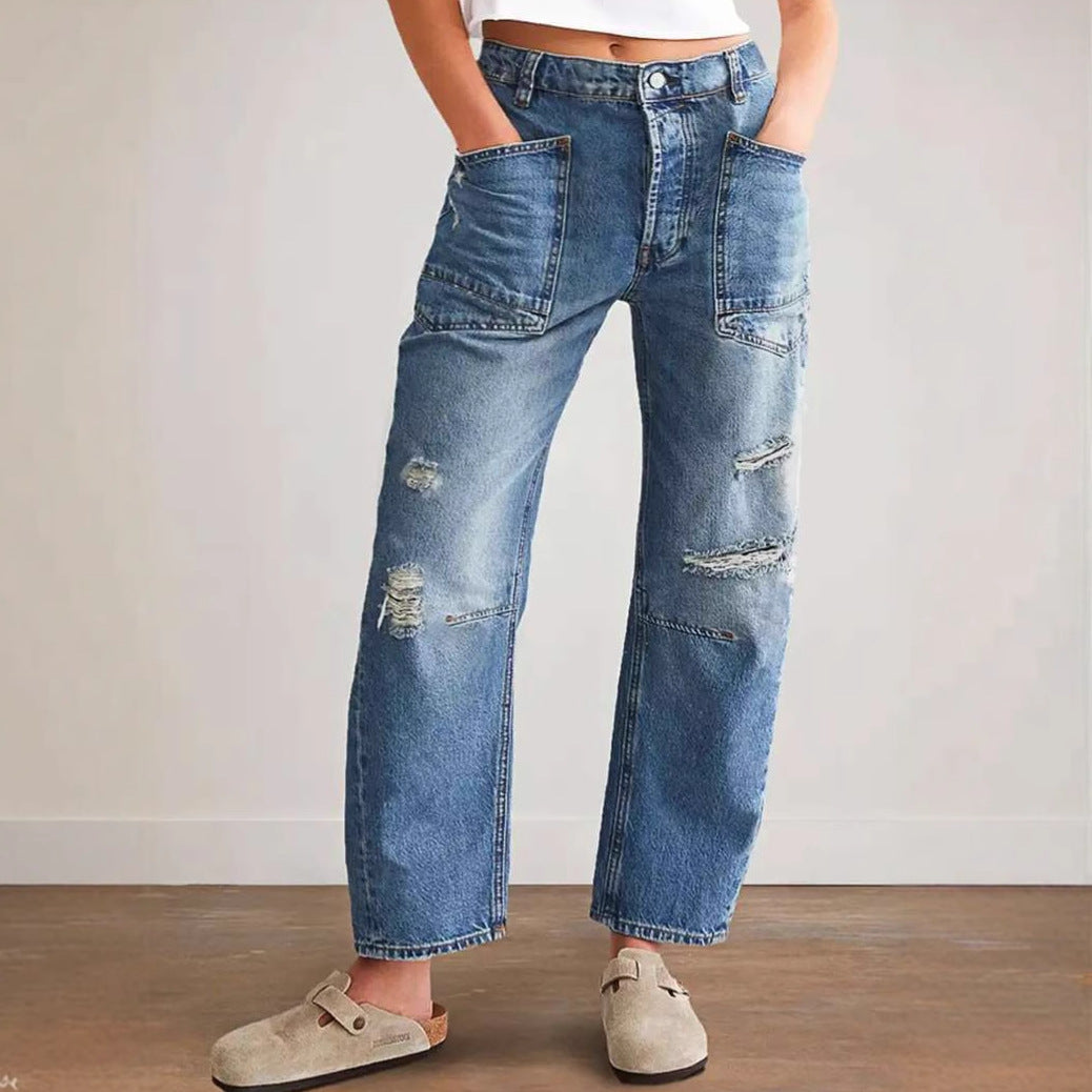 Damen trendige Mom-Jeans mit Distressed-Details und tief sitzendem Schnitt Drune