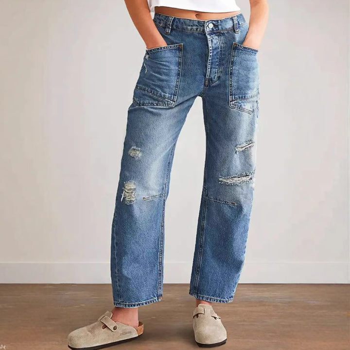 Damen trendige Mom-Jeans mit Distressed-Details und tief sitzendem Schnitt Drune