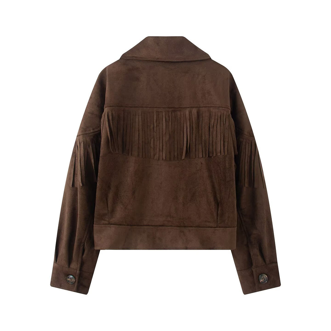 Damen Kurzjacke im Wildleder‑Look mit Fransenbesatz und Hemdkragen Drune