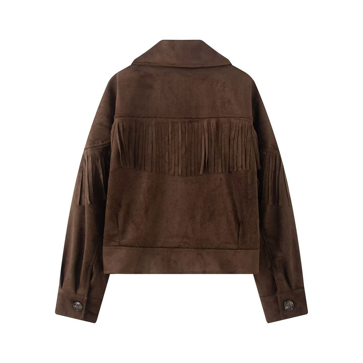 Damen Kurzjacke im Wildleder‑Look mit Fransenbesatz und Hemdkragen Drune