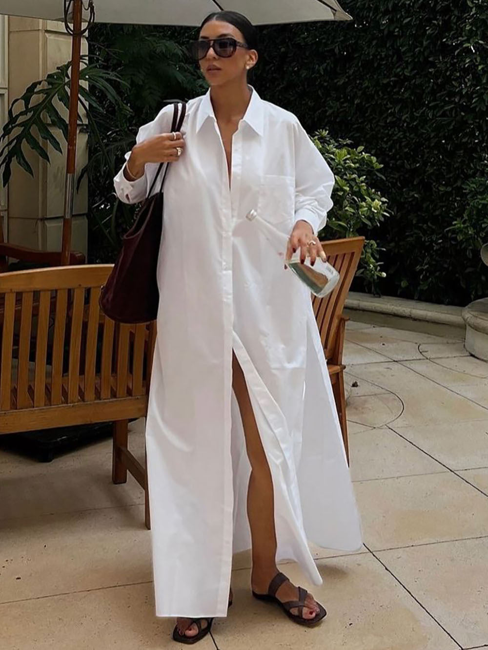 Damen Maxikleid im Hemdblusen-Stil mit seitlichem Schlitz und langen Ärmeln Drune