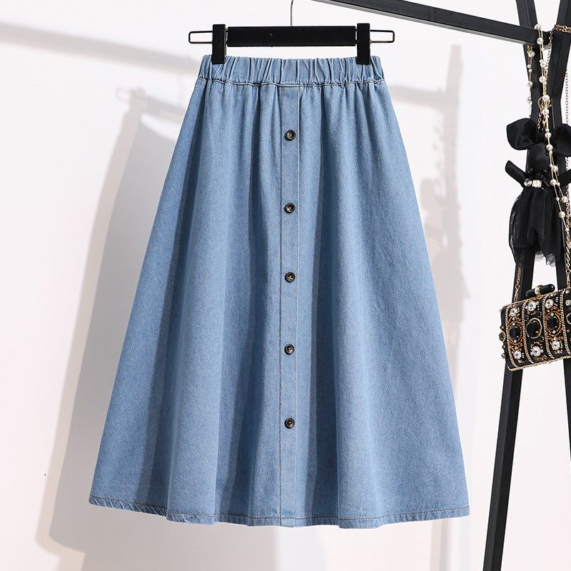 Damen Langer Denim-Rock mit dekorativen Druckknöpfen Drune