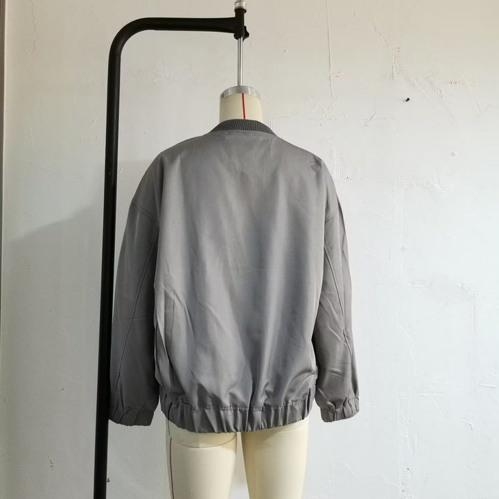 Unisex nan leichter Oversize-Bomber mit durchgehendem Metallreißverschluss geripptem Kragen und elastischem Saum Drune