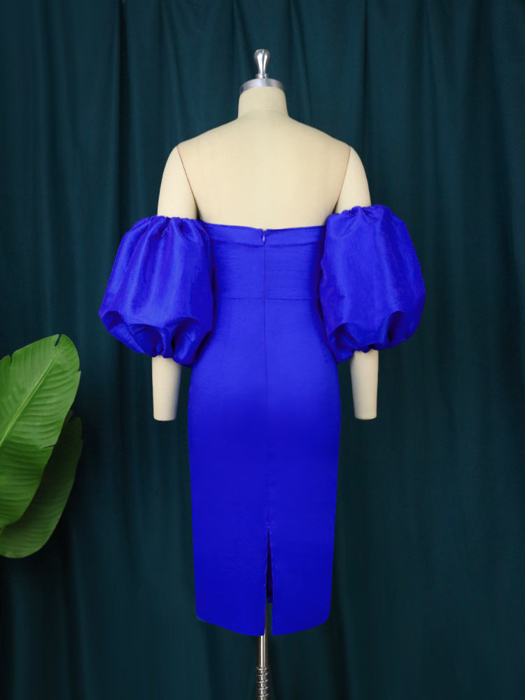 Damen figurbetontes Kleid mit schulterfreiem Design und voluminösen Puffärmeln Drune