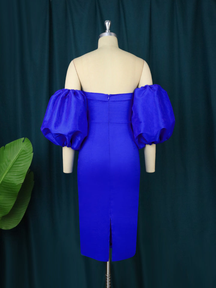 Damen figurbetontes Kleid mit schulterfreiem Design und voluminösen Puffärmeln Drune