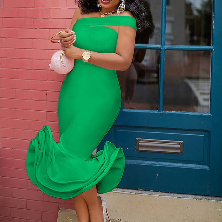 Damen figurbetontes Mermaid-Kleid mit schulterfreiem Design und wogendem Saum Drune
