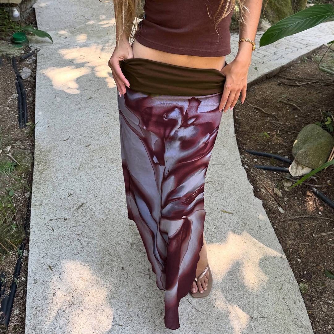 Damen Asymmetrischer Lagen-Chiffon-Maxirock mit Umschlagbund und Aquarellprint Drune
