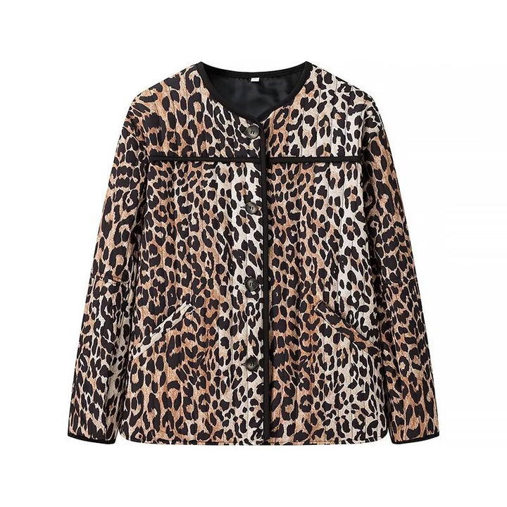 Damen Kurzjacke mit Leo‑Alloverprint, Rundhalsausschnitt und kontrastierender Paspel Drune