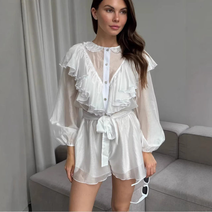 Damen stilvolles Chiffon-Set mit Rüschendetails und Taillengürtel Drune