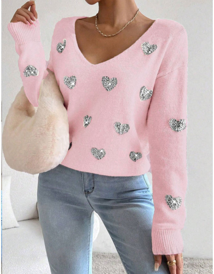 Damen Oversized Pullover mit tiefem V-Ausschnitt und Herzmotiv Drune